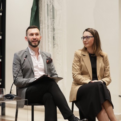 Danijela Gacevic, RCC's Head of Programme Department and Ognjen Markovic, Team Leader of the Western Balkans Youth Lab 2 hosting fourth Regional Fireside Talk, titled “The Growth Plan & Common Regional Market: Where Does Youth Fit In?”, in Tirana on 18 November 2025 (Photo: RCC/Henri Koci)