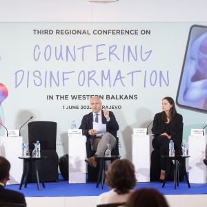 Opening of the Third Annual Conference on Disinformation, in Sarajevo on 1 June 2022 . From left to right: Petra Balazic, RCC; Amer Kapetanovic, RCC; Veera Kaarela, CoE Helsinki; and Ferdinand Koenig, EU Delegation in BiH (Photo: RCC/Armin Durgut)