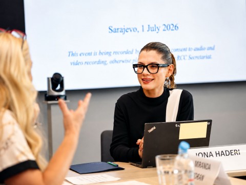 Jona Haderi, RCC's Expert on Monitoring and Reporting leading the Women Diplomats Network meeting in Sarajevo on 1 July 2026 (Photo: RCC/Jasmin Sakovic)