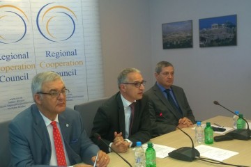 RCC Secretary General, Goran Svilanovic, RCC Deputy Secretary General, Gazmend Turdiu (R), and Gjergj Murra,  RCC National Coordinator and Head of the SEECP Secretariat (L), at the RCC Board meeting in Sarajevo on 12 May 2015. (Photo: RCC/Alma Arslanagic Pozder)