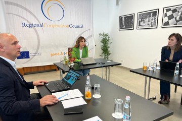 RCC Secretary General, Majlinda Bregu with the Head of RCC Political Department, Amer Kapetanovic and Head of Office of the Secretary General, Elda Kalaja heading the 45th meeting of the RCC Board on 16 March 2022