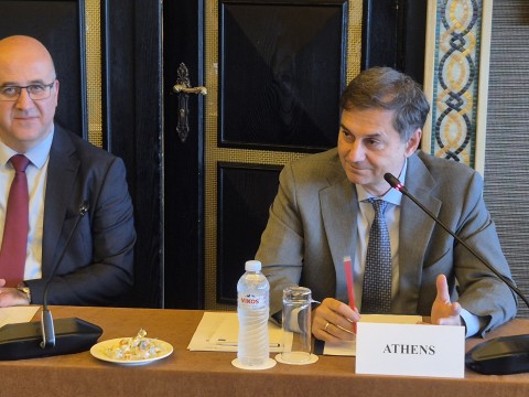 Arslan Umut Ergezer, RCC Deputy Secretary General and Harry Theoharis, Deputy Minister of Foreign Affairs of Greece co-chaired the inaugural meeting of the South East Europe (SEE) Regional Network on Disaster Risk Insurance and Risk Sharing on 19 November 2025 in Athens (Photo: RCC/Natasa Mitrovic)