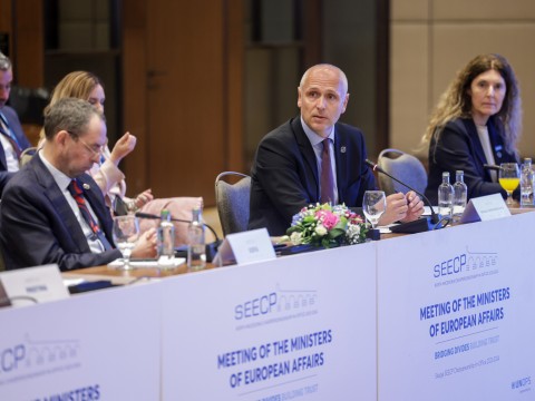 Amer Kapetanovic, Head of RCC’s Political Department speaking at the meeting of SEECP Ministers of European Affairs in Skopje on 27 March 2024 (Photo: RCC/Ognen Acevski)