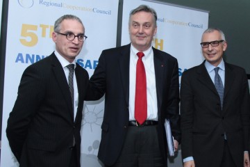 RCC Secretary General, Goran Svilanović (left), Deputy Chair of the BiH Council of Ministers and Minister of Foreign Affairs, Zlatko Lagumdžija (centre), and Director General for Enlargement of the European Commission Stefano Sannino, at the event marking the 5th RCC Anniversary, in Sarajevo, BiH, on 27 February 2013. (Photo: Regional Cooperation Council)