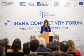Majlinda Bregu, RCC Secretary General delivering Keynote Speech at the 2019 Tirana Connectivity Forum, in Tirana on 30 October 2019 (Photo: (Photo: RCC/Gent Onuzi)