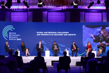 RCC Secretary General Majlinda Bregu speaking at the panel on Global and Regional Challenges and Prospects of Recovery and Growth at the First Annual Conference of the Ministry of Finance “Economic Recovery and Growth Beyond Covid”, held in Skopje on 6 September 2021 (Photo: RCC/Ognen Acevski)