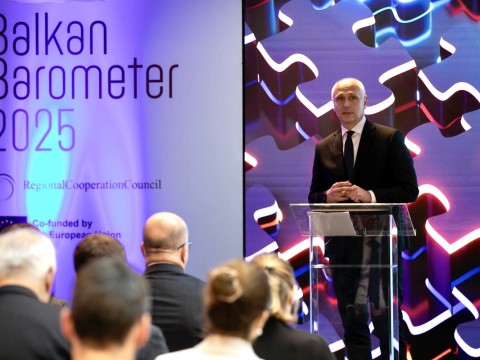 RCC Secretary General Amer Kapetanovic opening the Balkan Barometer 2025 presentation in Brussels on 11 December 2025 (Photo: RCC/Laure Geerts)