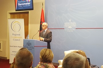 RCC Secretary General, Goran Svilanovic, presenting Balkan barometer 2016 results at the conference organized by the Albanian Ministry of Foreign Affairs, RCC and the Foundation Fridrich Ebert Stiftung, in Tirana, on 10 November 2016 (Photo: RCC/Alma Arslanagic Pozder)  