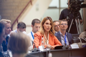 RCC Secretary General Majlinda Bregu speaking at the Berlin Process Forum of Economy Ministers in Tirana on 26 September 2023 (Photo: RCC/Ani Media)