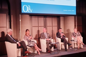 Majlinda Bregu, Secretary General  of the Regional Cooperation Council (RCC), at the Annual General Meeting of the German Eastern Business Association, in Berlin on 12 June 2019. On the photo (from left to right):  Thomas Kramer, Member of Deutsche Telekom Management Board, , Majlinda Bregu, RCC Secretary General, moderator Florian Bieber, Professor of Southeast European Studies, University of Graz, Zoran Zaev, Prime Minister of Republic of North Macedonia and Sabine Stohr of the German Foreign Ministry (Photo: RCC/Zoran Popov)