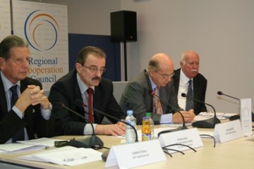 Secretary Generals of Central European Initiative, Regional Cooperation Council, Organization of the Black Sea Economic Cooperation and Adriatic-Ionian Initiative (left to right), at a coordination meeting in Sarajevo, 13 October 2008. (Photo RCC/Selma Ahatovic-Lihic)