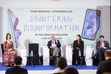 Opening of the Third Annual Conference on Disinformation, in Sarajevo on 1 June 2022 . From left to right: Petra Balazic, RCC; Amer Kapetanovic, RCC; Veera Kaarela, CoE Helsinki; and Ferdinand Koenig, EU Delegation in BiH (Photo: RCC/Armin Durgut)