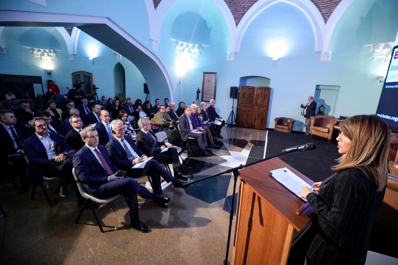 Secretary General Majlinda Bregu speaking at the Regional Conference “Employment - Shades of Grey in the Western Balkans: Regional Perspectives on Creating More and Better Jobs”, marking beginning of the Phase two of the RCC’s Employment and Social Affairs Platform Project - ESAP 2, in Sarajevo on 28 January 2020 (Photo: RCC/Armin Durgut)