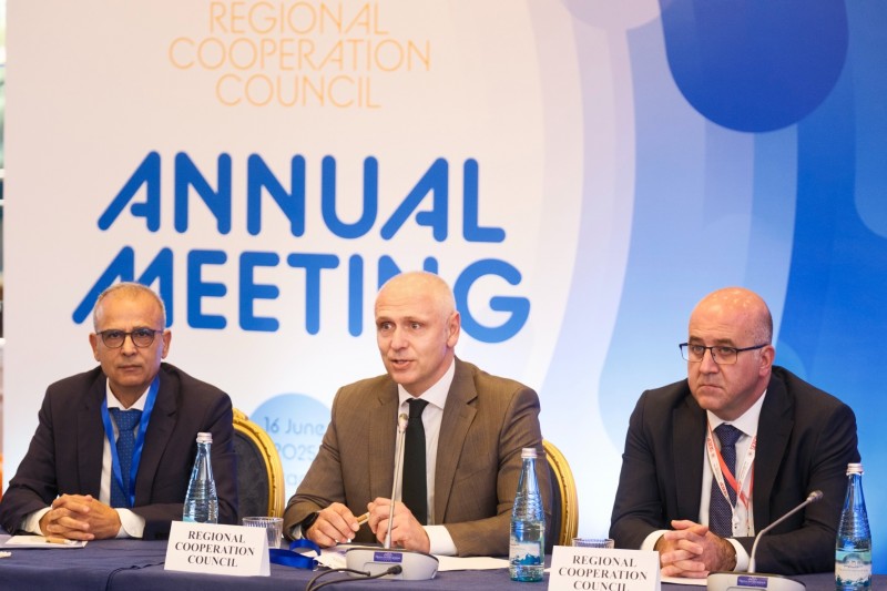 RCC held its Annual Meeting in Tirana on 16 June 2025. 17th Annual Meeting was co-chaired by Amer Kapetanović, RCC Secretary General (in the middle), and Gazmend Barbullushi, Director General at the Ministry for Europe and Foreign Affairs of Albania as Chair-in-Office of the SEECP (on the left), together with RCC Deputy Secretary General/ Senior Economic Policy Analyst/ SEE 2030 Coordinator Arslan Umut Ergezer (Photo: RCC/Armand Habazaj)