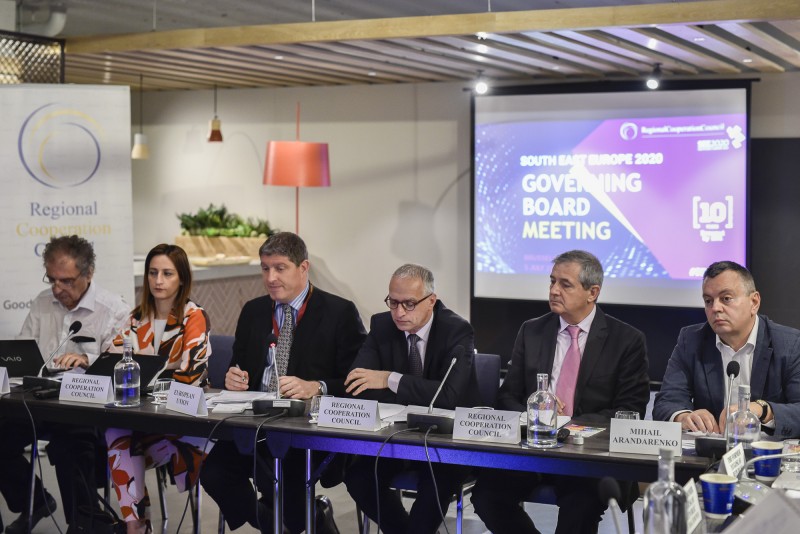 RCC Secretary General Goran Svilanovic (3rd from the right) presents Annual Report on Implementation of South East Europe 2020 (SEE 2020) Strategy at the meeting of the Strategy's Governing Board in Brussels, 5 July 2018 (Photo: RCC/Jerome Hubert)