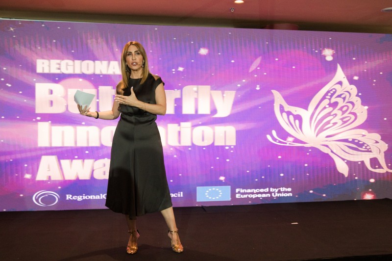 RCC Secretary General Majlinda Bregu presenting the winners of the Regional Butterfly Innovation Award in Tirana on 27June 2022 (Photo: Armand Habzaj)