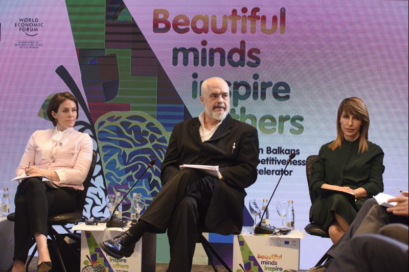 RCC Secretary General Majlinda Bregu (first right), Albanian Prime Minister, Edi Rama and Member of the Executive Committee and Head of Regional Strategies-Europe and Eurasia at the World Economic Forum Martina Larkin, at the kick-off meeting of the Western Balkans Innovation and Competitiveness Accelerator, on 21 February in Tirana. (Photo: RCC/Armand Habazaj)