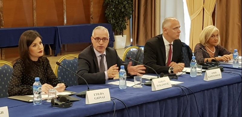 From left to right: Etilda Gjonaj, Albanian Minister of Justice, Goran Svilanovic, RCC Secretary General, Amer Kapetanovic, Head of Political Department of the RCC and Ivana Goranic, organization's Expert on Justice and Home Affairs at the Cooperation of Region’s Judiciary in dealing with Terrorism and Violent Extremism Workshop, in Tirana on 30 May 2018. (Photo: RCC/Natasa Mitrovic)