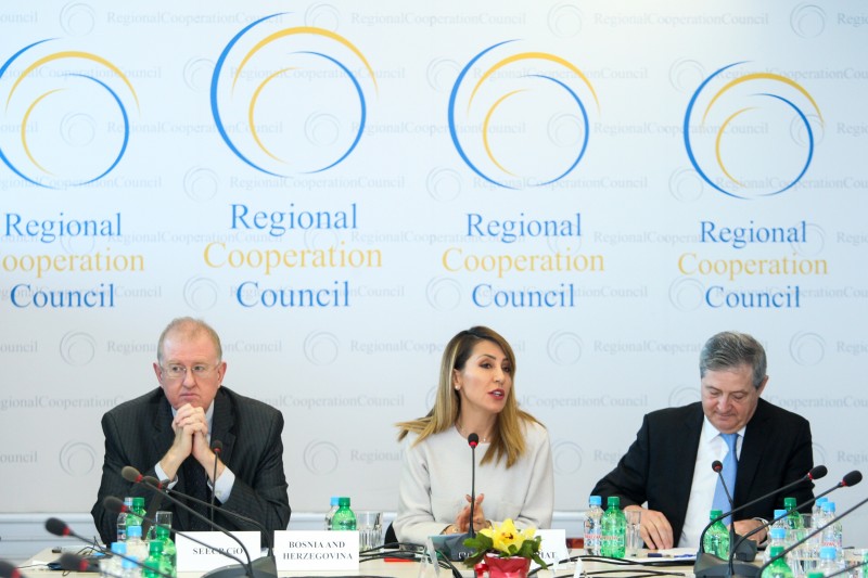 Secretary General of the RCC Majlinda Bregu, Milos Prica, Ambassador-at-large, MFA of Bosnia and Herzegovina, on behalf of the SEECP Chairmanship-in-Office currently held by Bosnia and Herzegovina (left) and RCC Deputy Secretary General Gazmend Turdiu (right), at the 36th Meeting of the RCC Board, held in Sarajevo on 14 March 2019 (Photo: RCC/Selma Ahatovic-Lihic)