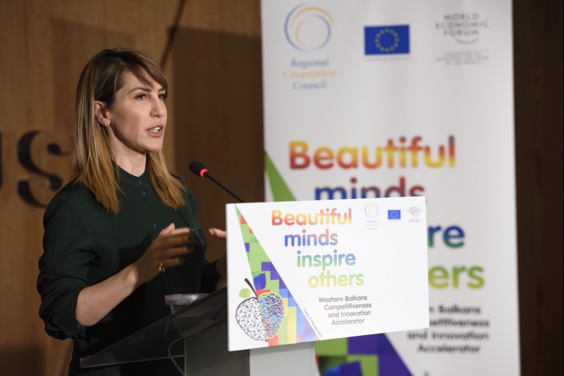 RCC Secretary General Majlinda Bregu at the kick-off meeting of the Western Balkans Innovation and Competitiveness Accelerator, on 21 February in Tirana. (Photo: RCC/Armand Habazaj)