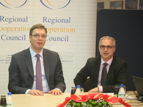 RCC Secretary General Goran Svilanovic (right) welcomes Serbian Prime Minister Aleksandar Vucic at the RCC Secretariat in Sarajevo on 13 May 2014. (Photo RCC/Zoran Kanlic) RCC Secretary General Goran Svilanovic (right) welcomes Serbian Prime Minister Aleksandar Vucic at the RCC Secretariat in Sarajevo on 13 May 2014. (Photo RCC/Zoran Kanlic)
